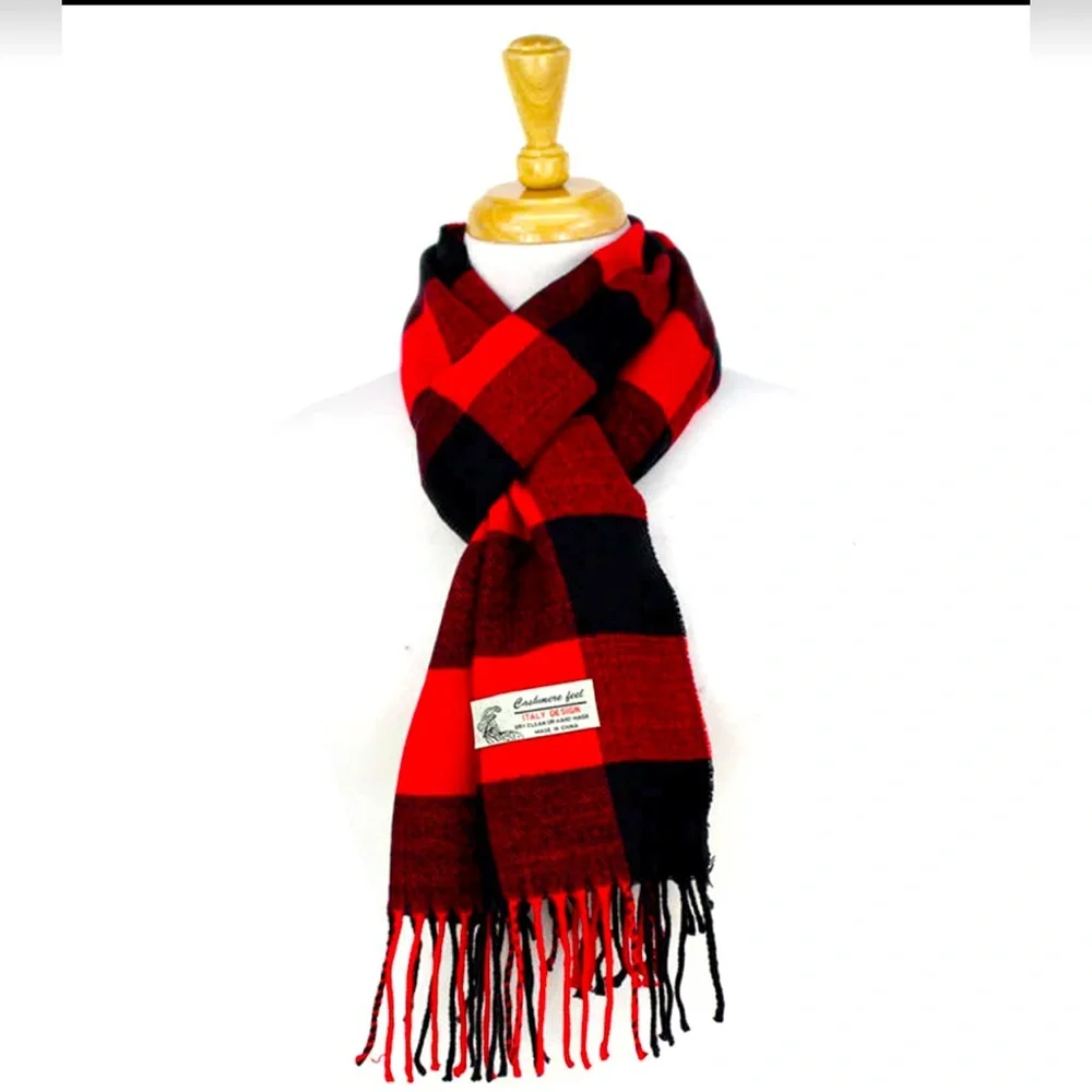 Cashmere feel Red/Black Buffalo Plaid Scarf with 3” fringe. Size 72”by 12”. NWT.